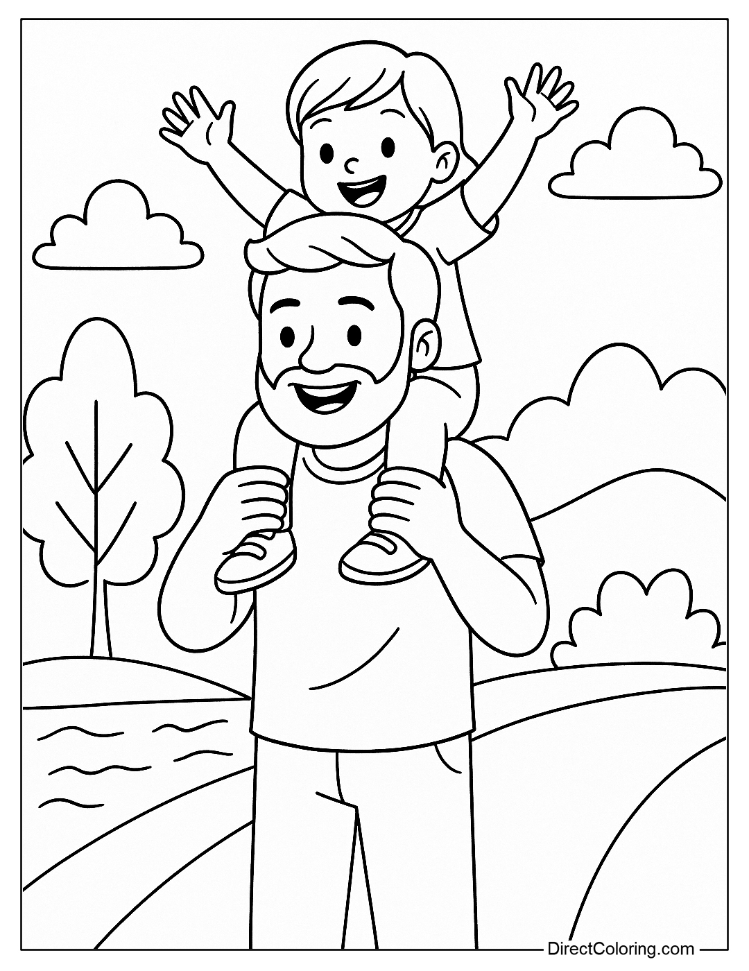 Coloring page of dad carrying his child on his shoulder for a walk, the child smiling happily
